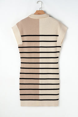 Short -sleeved sweater dress and zipped collar with khaki stripes