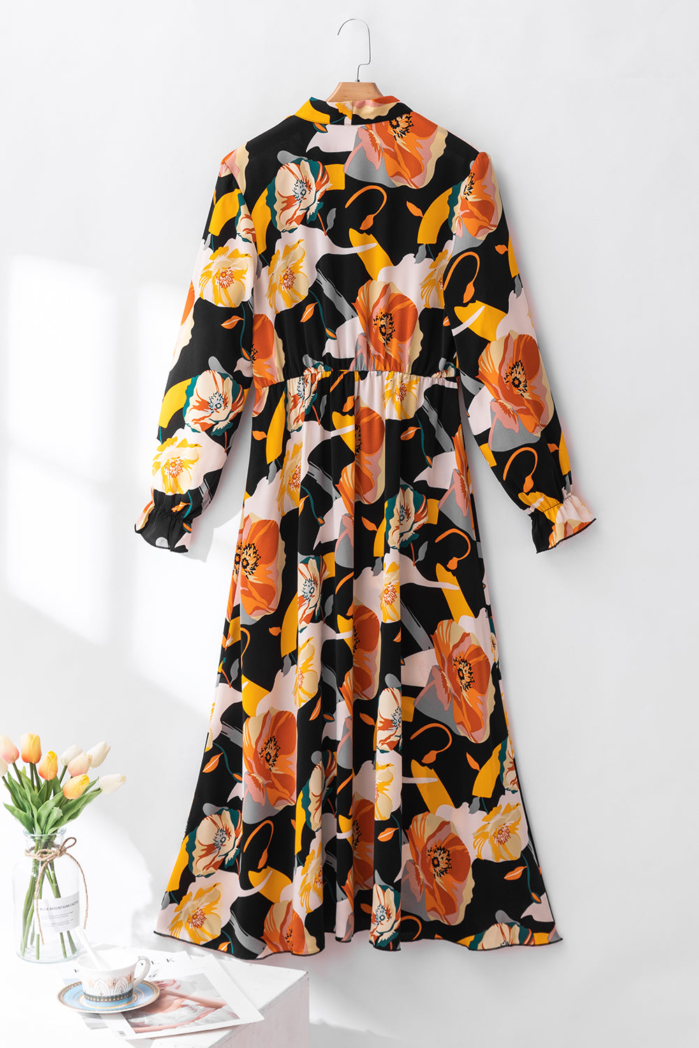 Robe à manches longues à cravate à imprimé floral orange