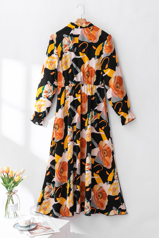 Robe orange à manches longues et col noué à imprimé floral