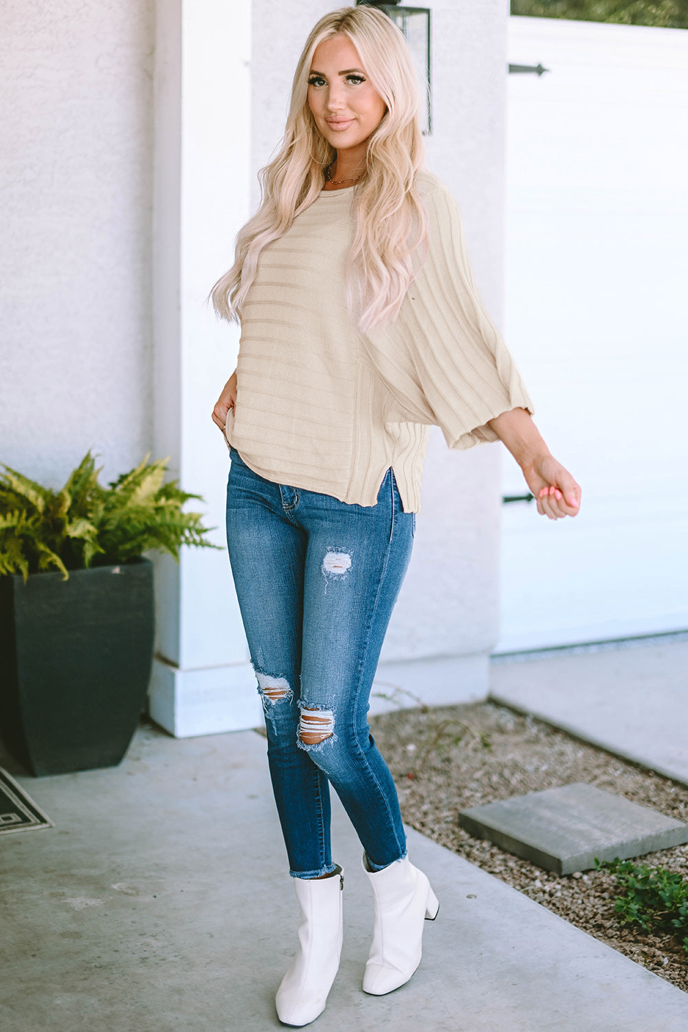 Apricot Ribbed Knit Dolman Sweater with Exposed Seams