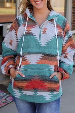 Multicolored zipped hooded sweatshirt with Aztec print and split collar