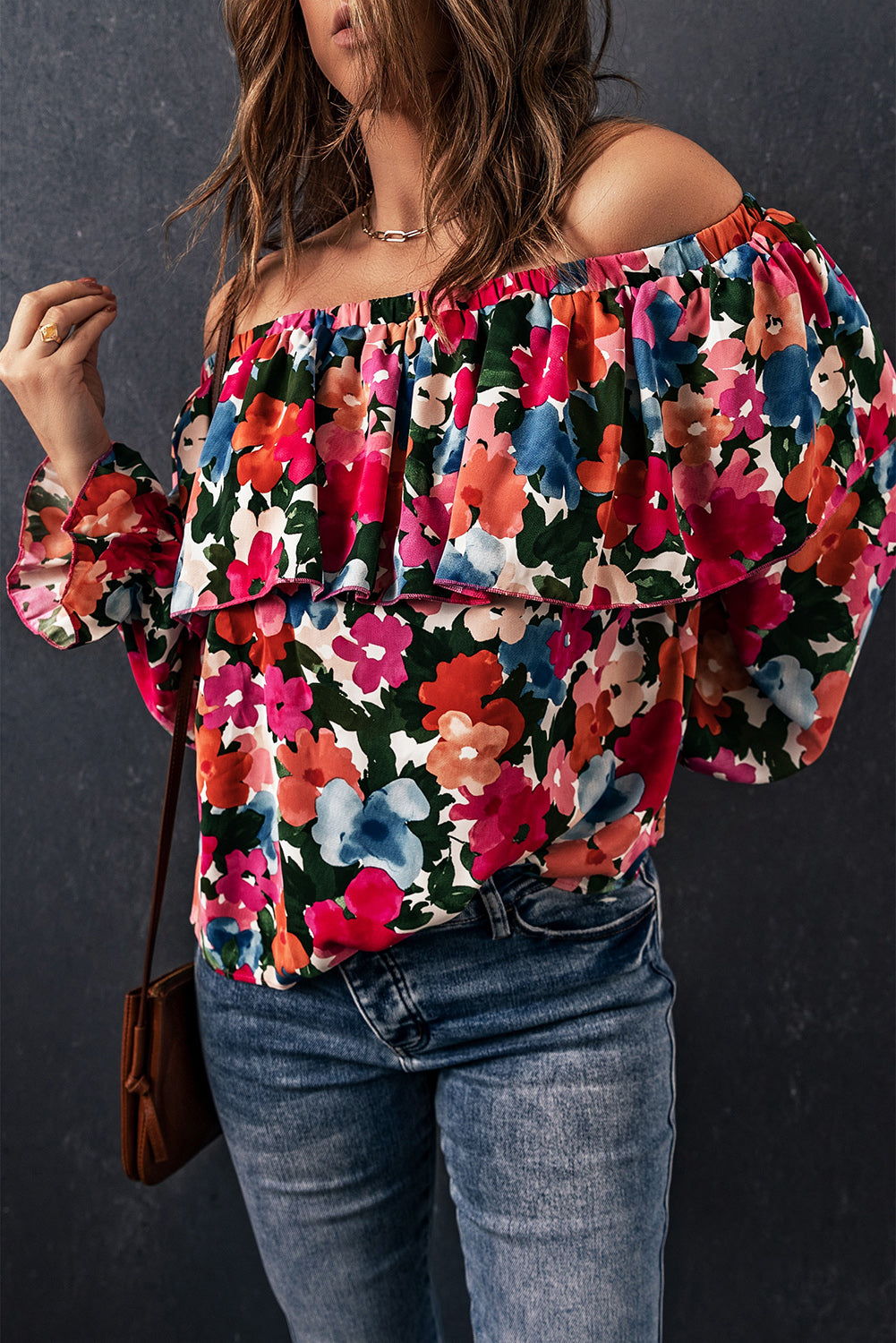 Blouse à volants et épaules dénudées à imprimé floral