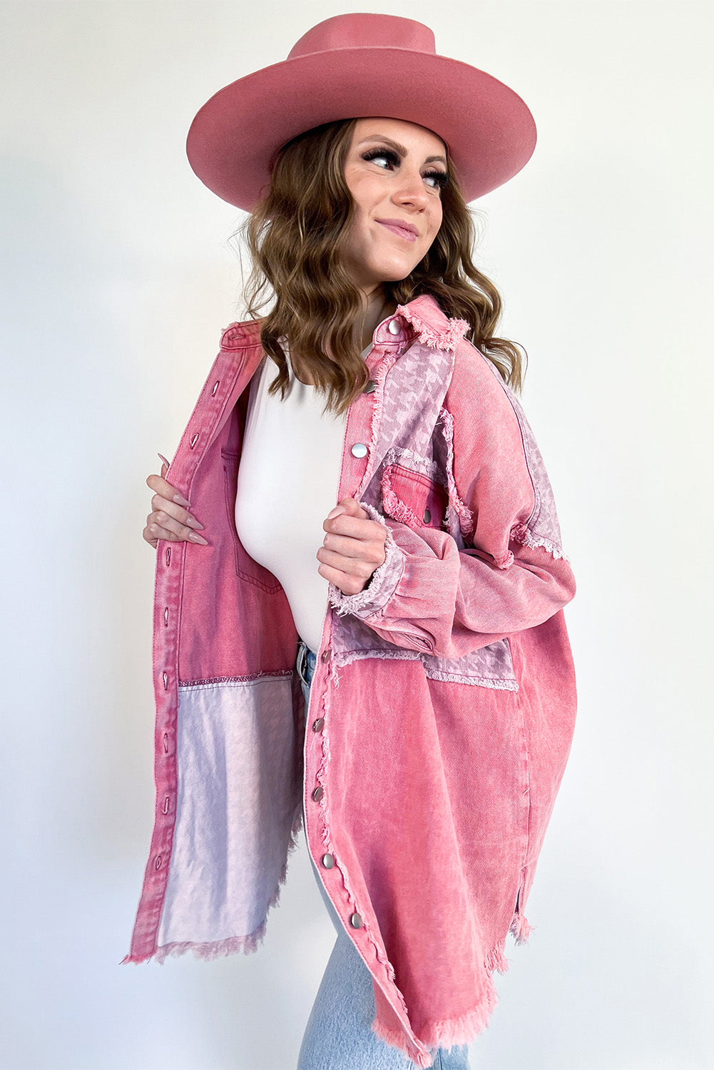 Pink Retro Distressed Houndstooth Patchwork Denim Jacke