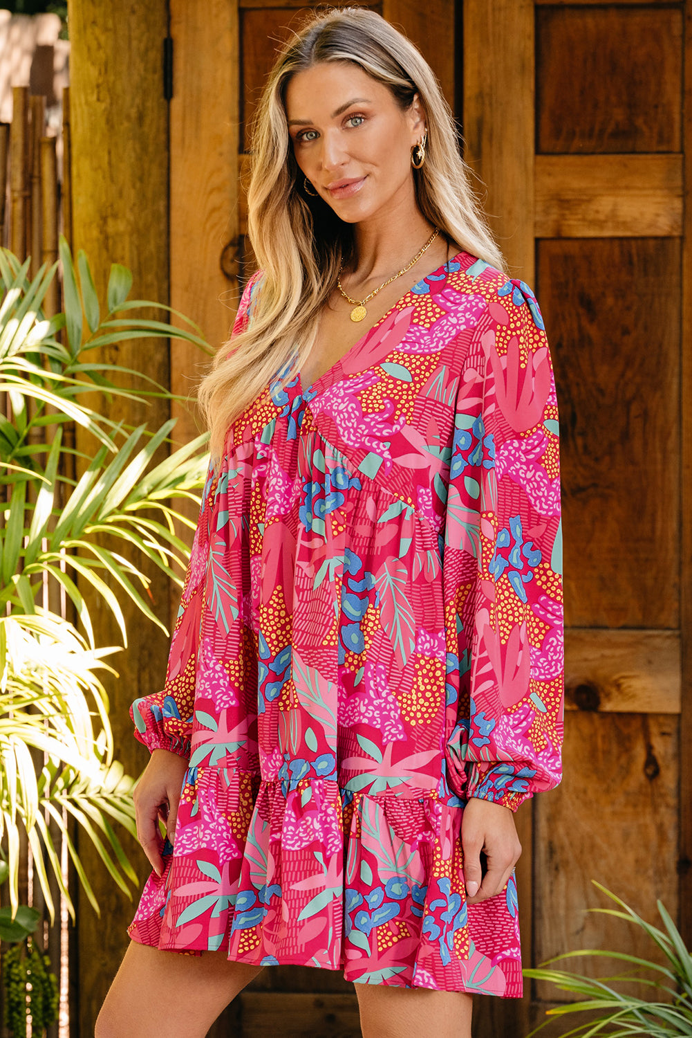 Pink Floral Print V-Neck Ruffle Bubble Sleeve Mini Dress