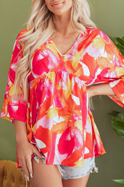 Orange Babydoll blouse with abstract print, 3/4 sleeves, V -neck, flying