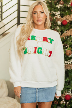 MERRY & Bright Christmas White Chenille Graphic Sherpa Sweatshirt