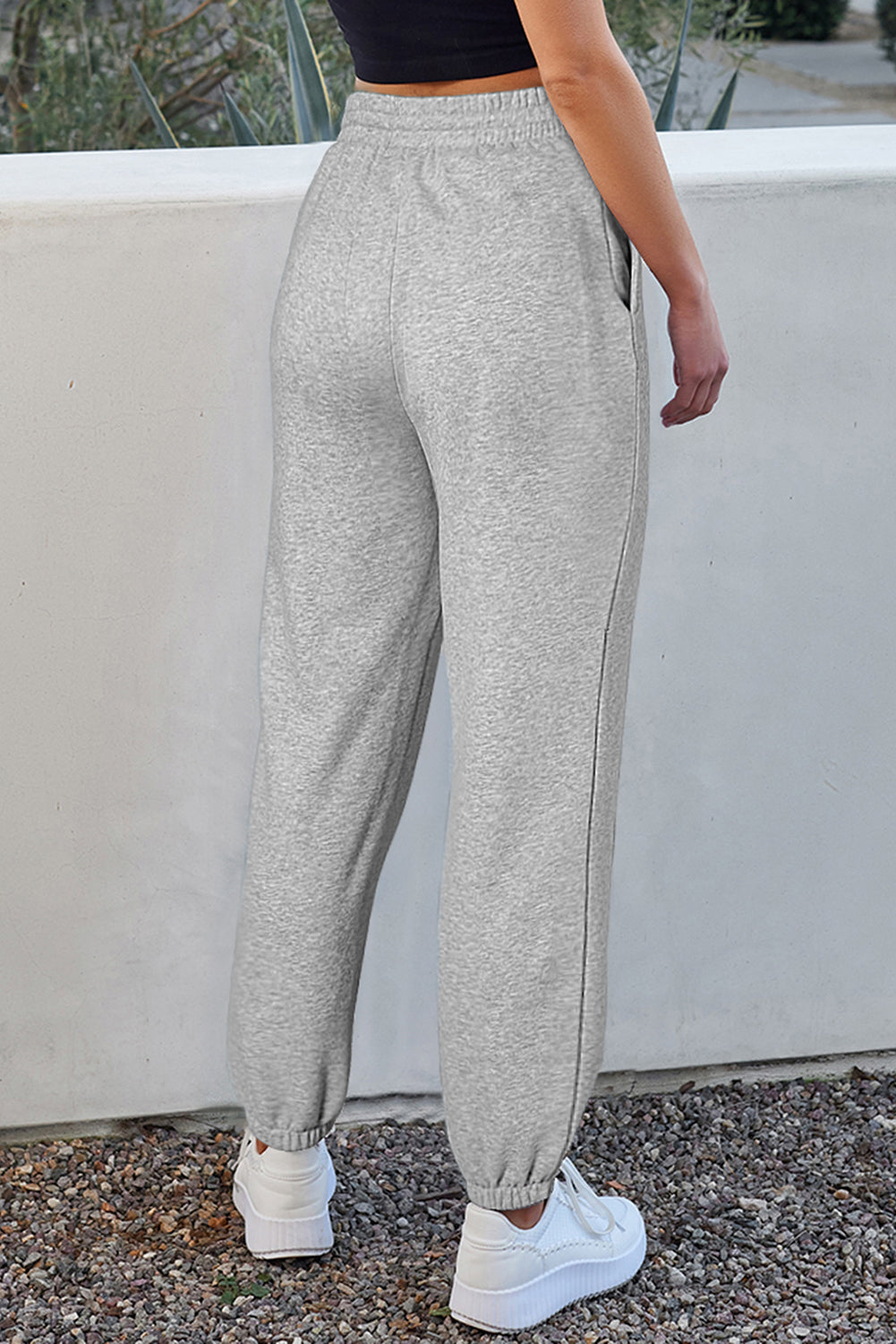 Light Grey Solid Color Fleece Lined Drawstring Waist Joggers