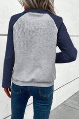 Grey textured raglan sleeve top with contrast splicing