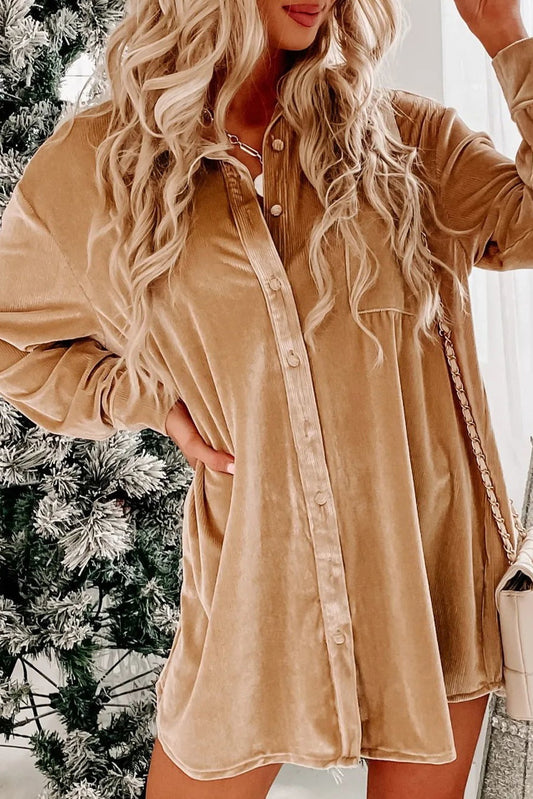 Light French Beige Velvet Butte Button Front Shirt Mini Robe