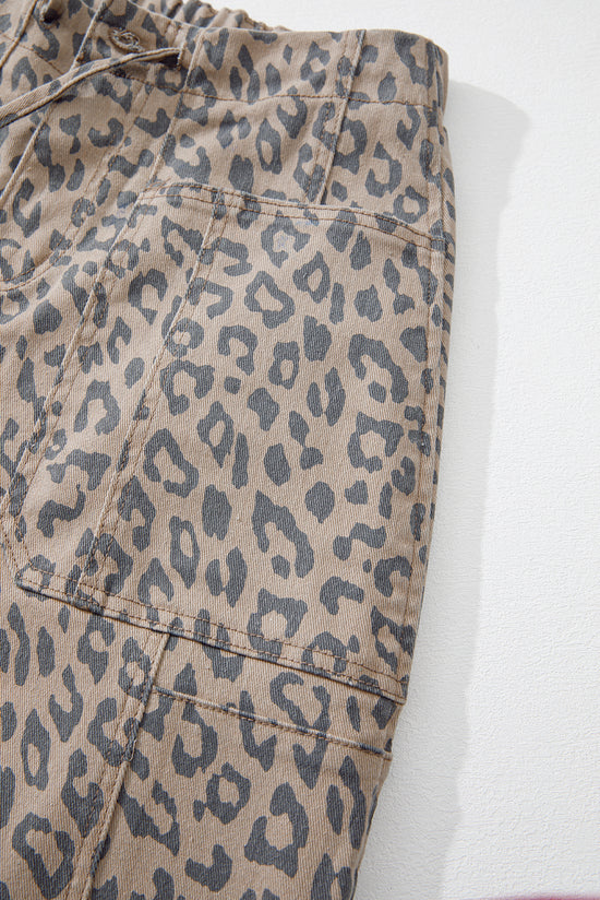 Jeans wide khaki leopard printed khaki with tightening cord and pocket at the waist