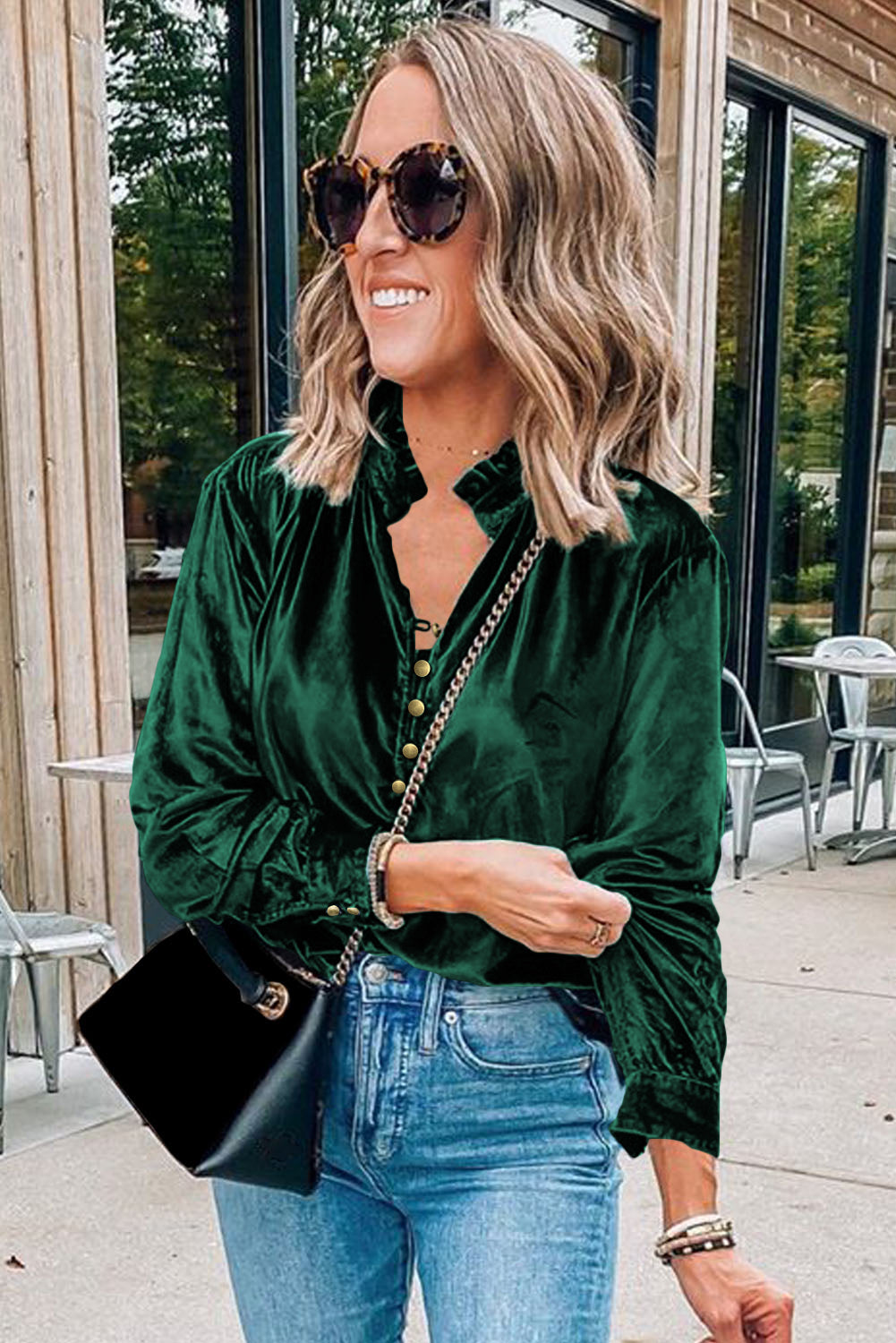 Blackish Green Frilled Neck Buttoned Front Velvet Top