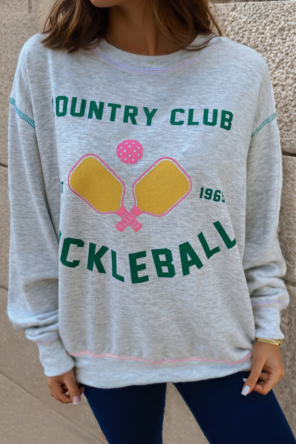 Sweat-shirt décontracté gris clair COUNTRY CLUB PICKLEBALL avec coutures apparentes