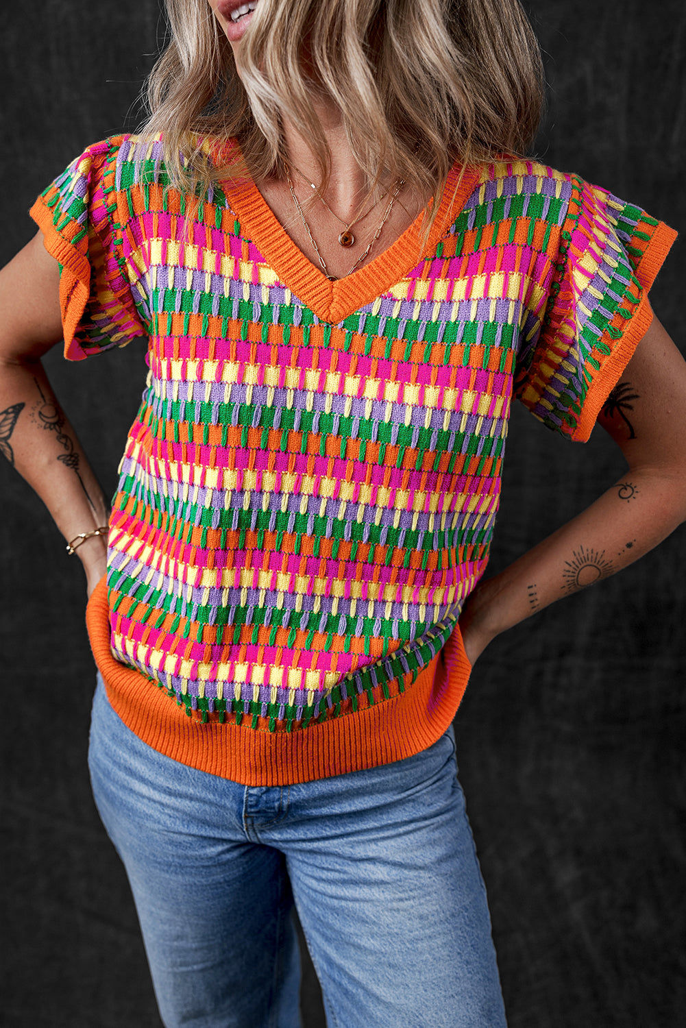 Top maglione a maglia a maglia arancione arancione multicolore