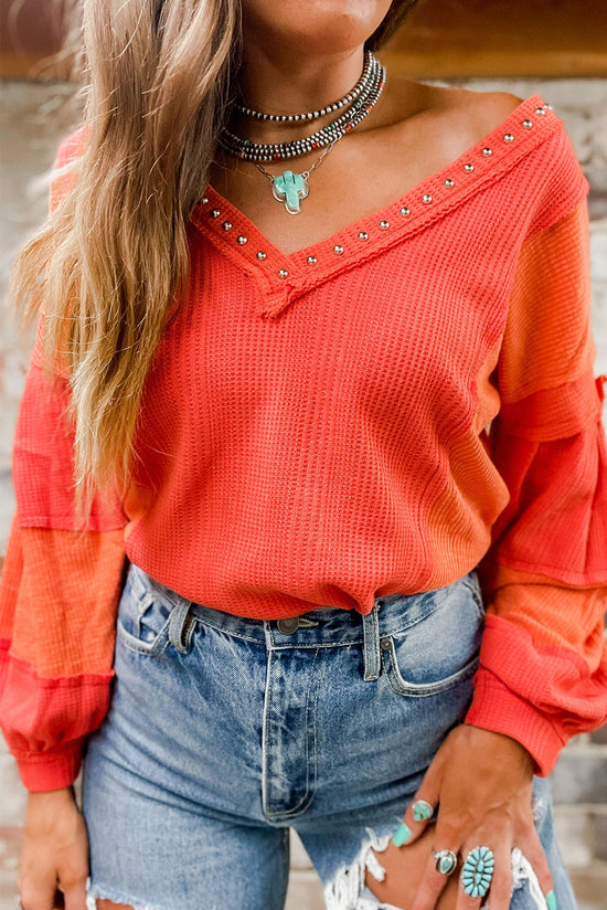 Fiery Red Studded V-Neck Textured Knit Top with Seam Detail