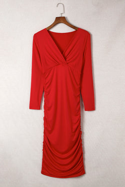 Molding gathered gathered bright sleeve dress with long sleeves and v -collar