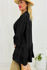 Black mini-Robe in ruffled chambray and 3/4 sleeves on several levels and split v-neck