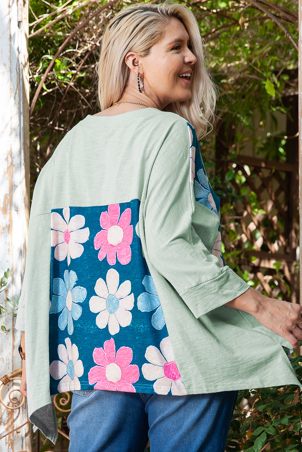 Haut Bas Vert Grande Taille en Patchwork de Fleurs