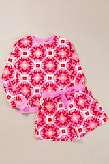 Ensemble haut à manches longues à imprimé géométrique rose Sachet et short à cordon de serrage-A WOMAN WE LOVE