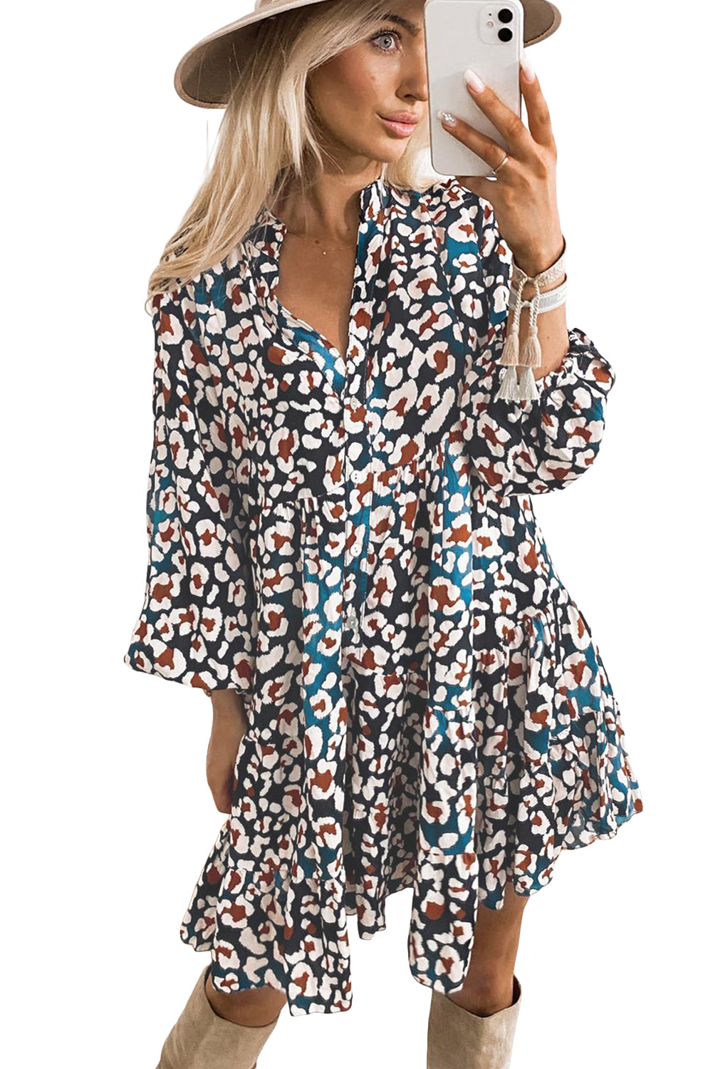 Robe de chemise à manches à manches à brèche à imprimé bleu