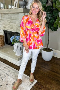 Orange Babydoll blouse with abstract print, 3/4 sleeves, V -neck, flying