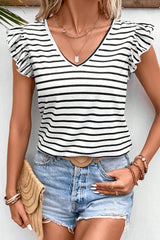 White t-shirt with stripes and butterfly sleeves, V-neck, hollow knot on the back