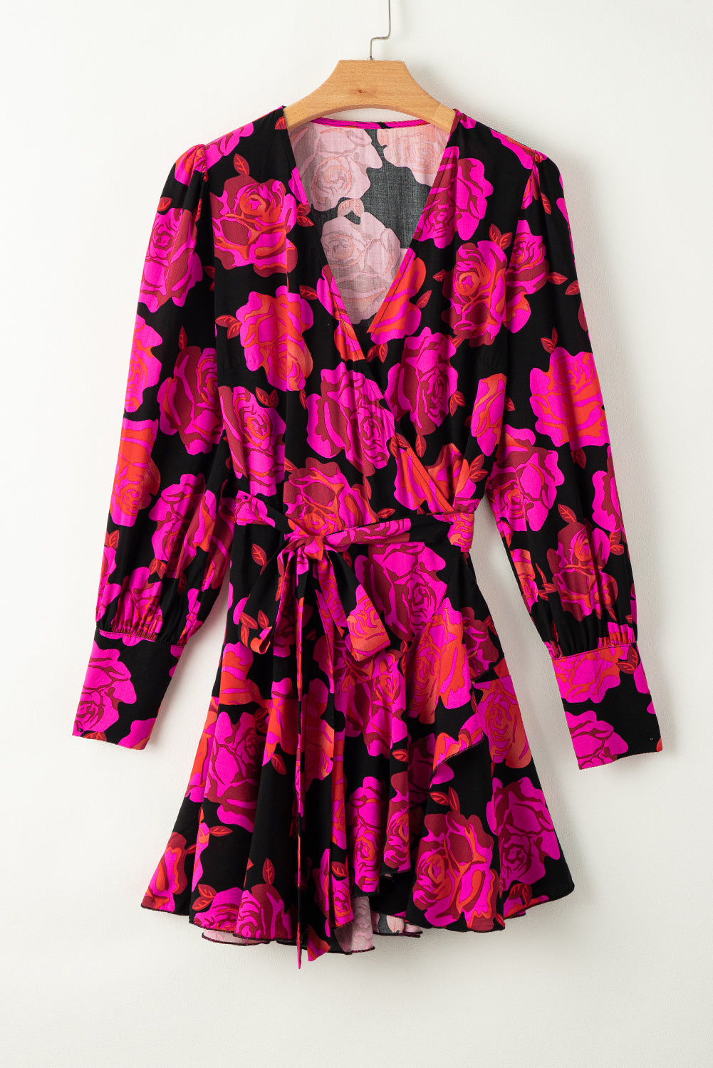 Rose Floral Print a V Neck Wrap Washop Sleeve Bruffer Tiered Dress