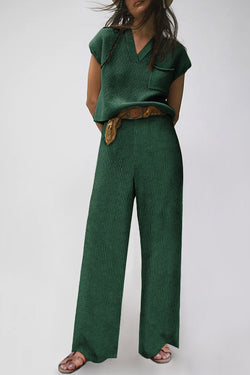 Ensemble pull vert tricoté à col en V et pantalon décontracté