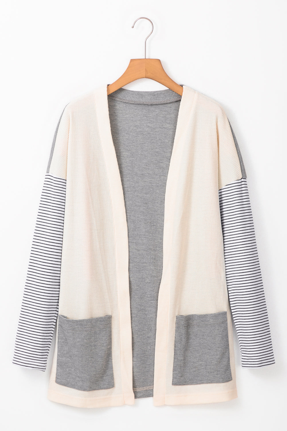 Cardigan ouvert sur le devant en patchwork à rayures noires avec poche-A WOMAN WE LOVE