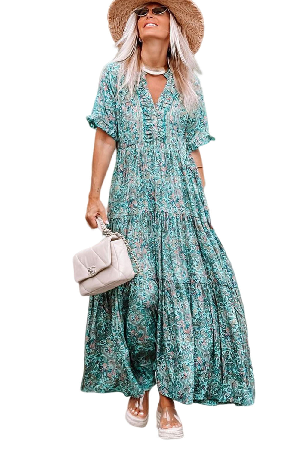 Sky Blue Paisley Print Boho Holiday Ruffle MAXI Robe