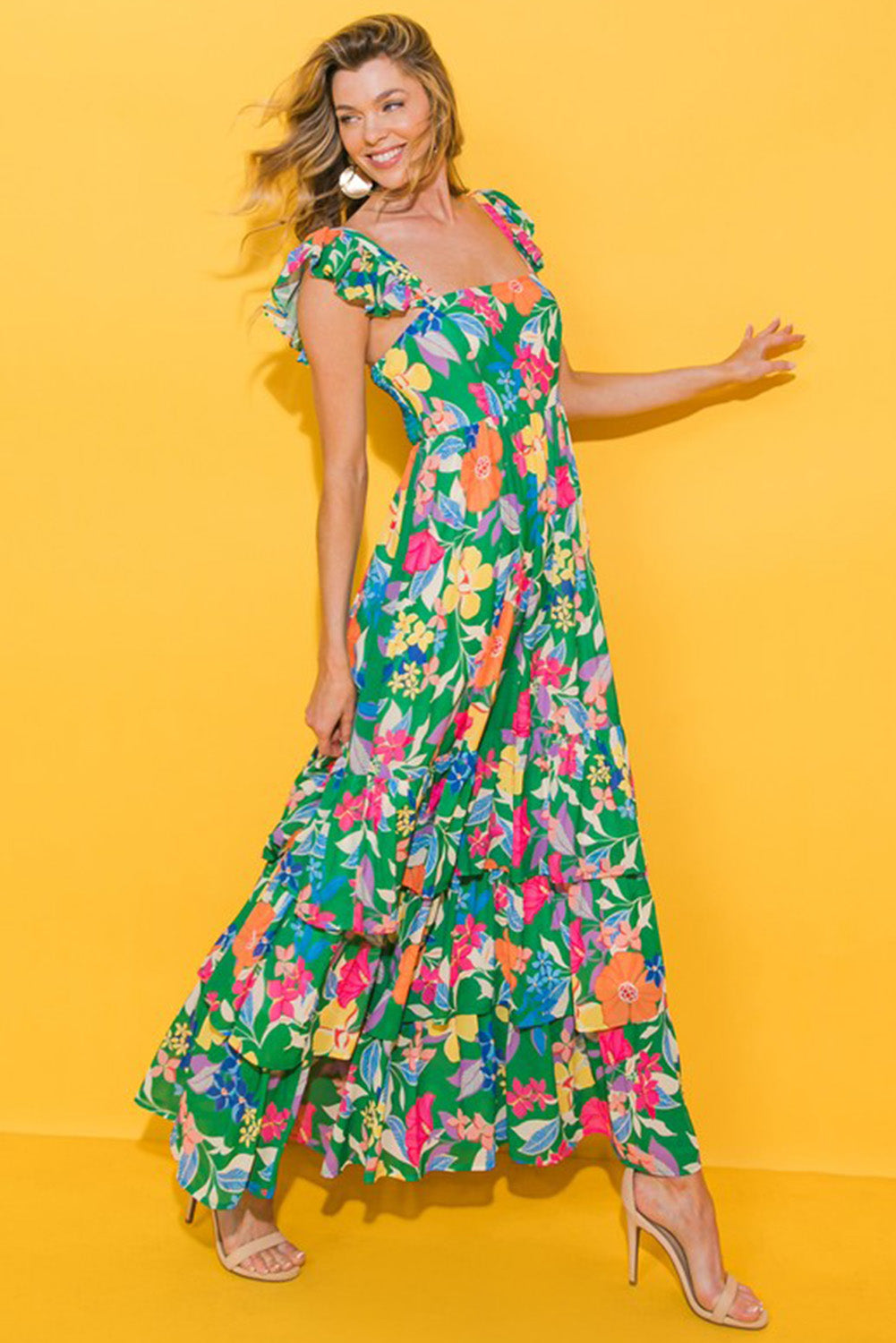 Robe longue à volants et à volants sans manches à imprimé floral vert