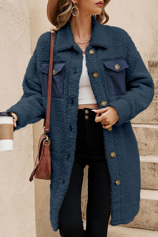 Manteau Teddy bleu à simple boutonnage et poche à rabat contrasté