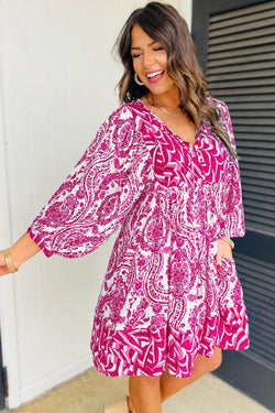 Boho Print Pink Tie V-Neck Puff Sleeve Flared Mini Dress