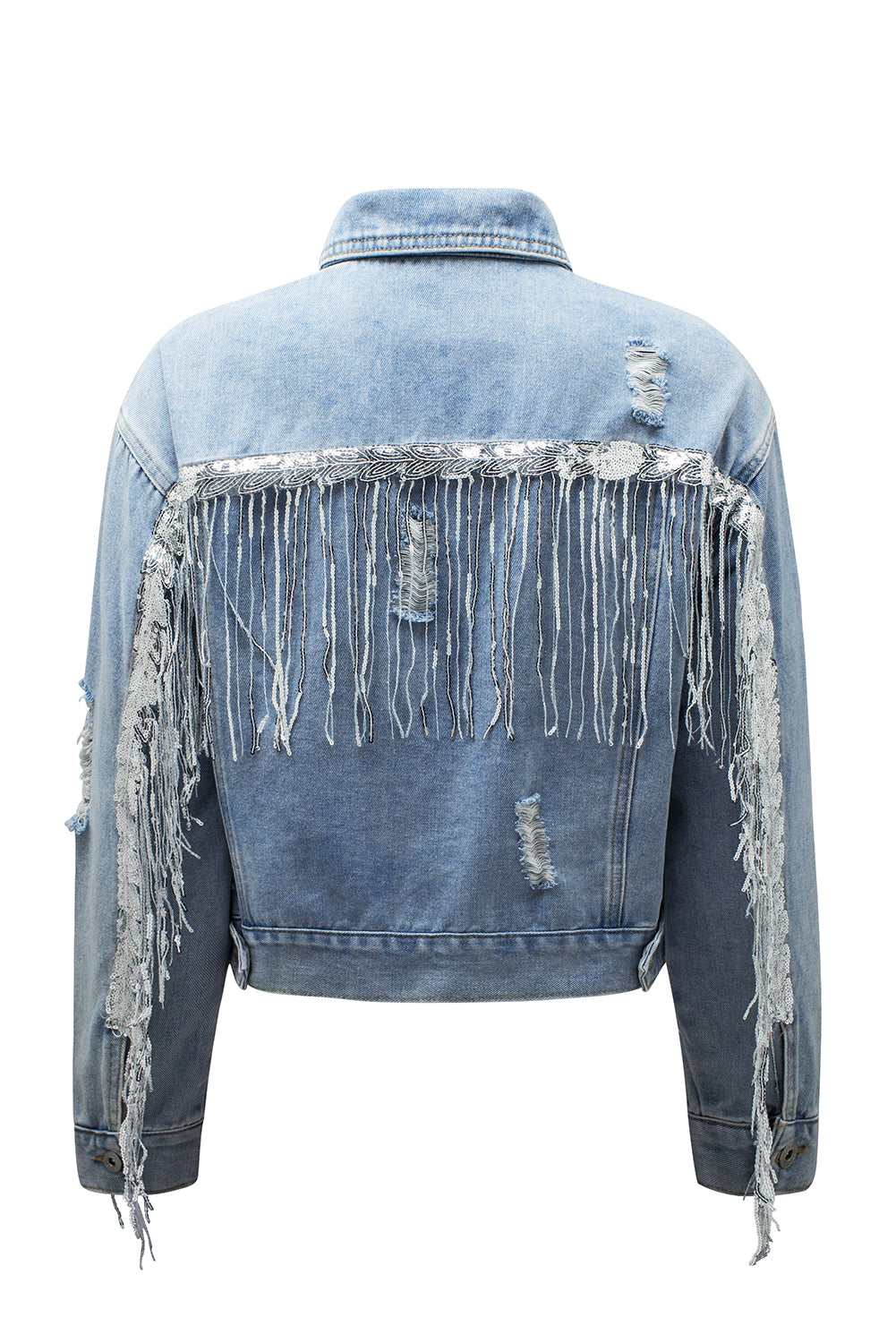 Sky Blue Sequin Embellie Fringe Dented Denim Veste