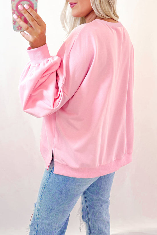 Light Pink Embroidered Bow Lantern Sleeve Oversized Sweatshirt