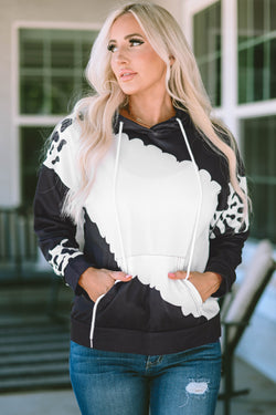 Black drawstring hoodie with cow tie-dye print