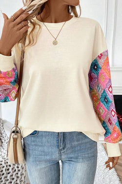 Apricot geometric print long sleeve crew neck top