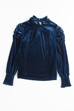 Navy blue velvet blouse with rising collar and puffy sleeves