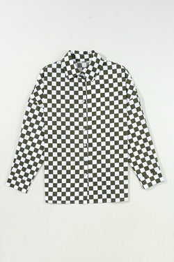 Ample -printed lady -like shirt with green shoulder checkered