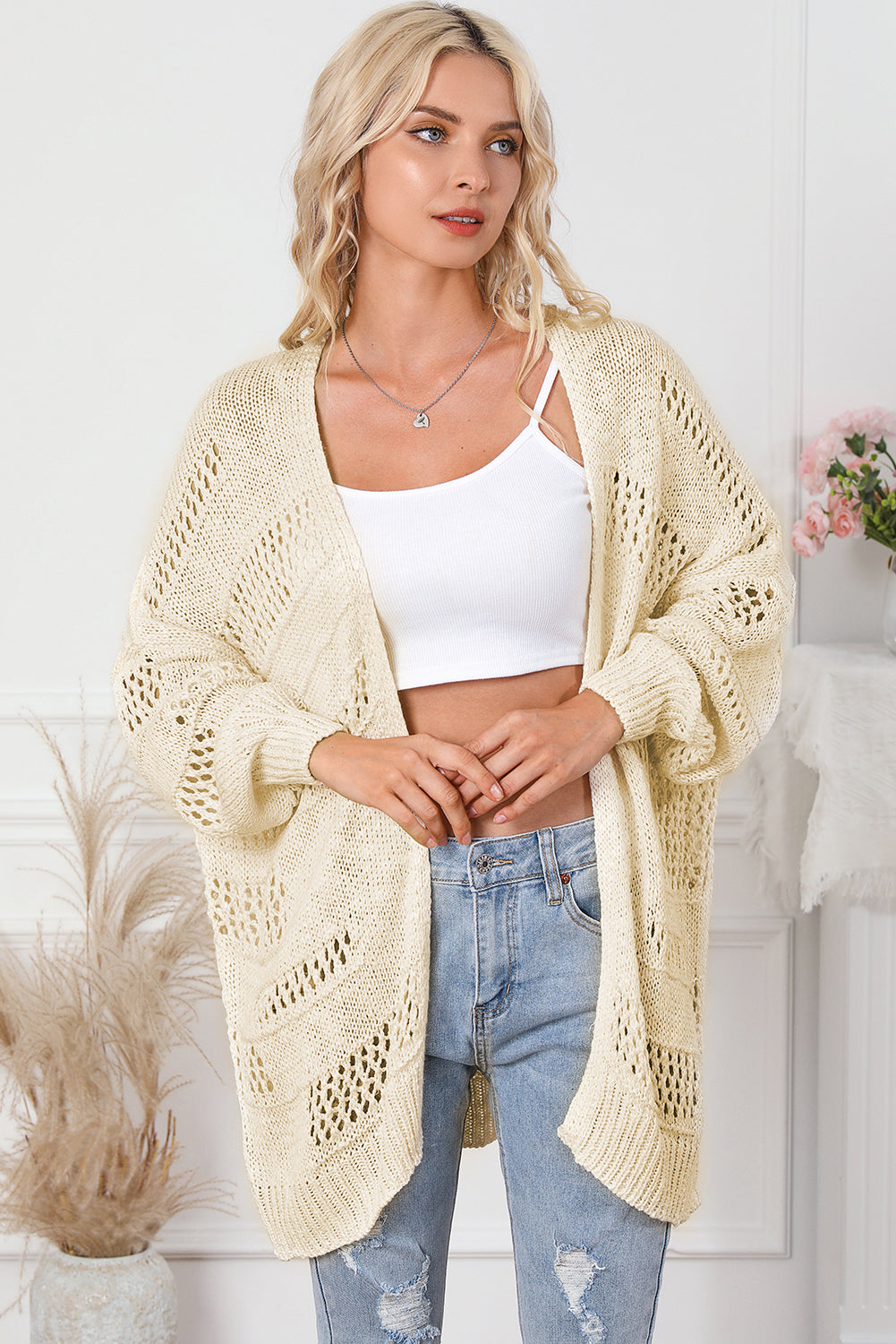 Cardigan décontracté à manches dolman en tricot creux abricot