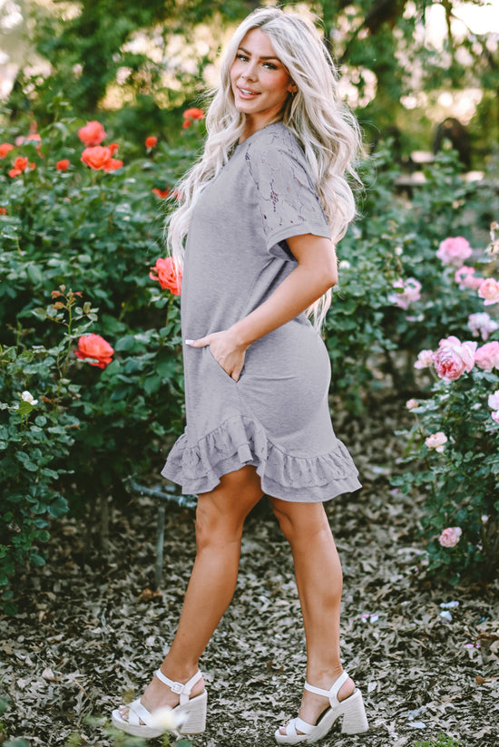 Light Grey Floral Lace Patchwork Ruffle T-Shirt Dress