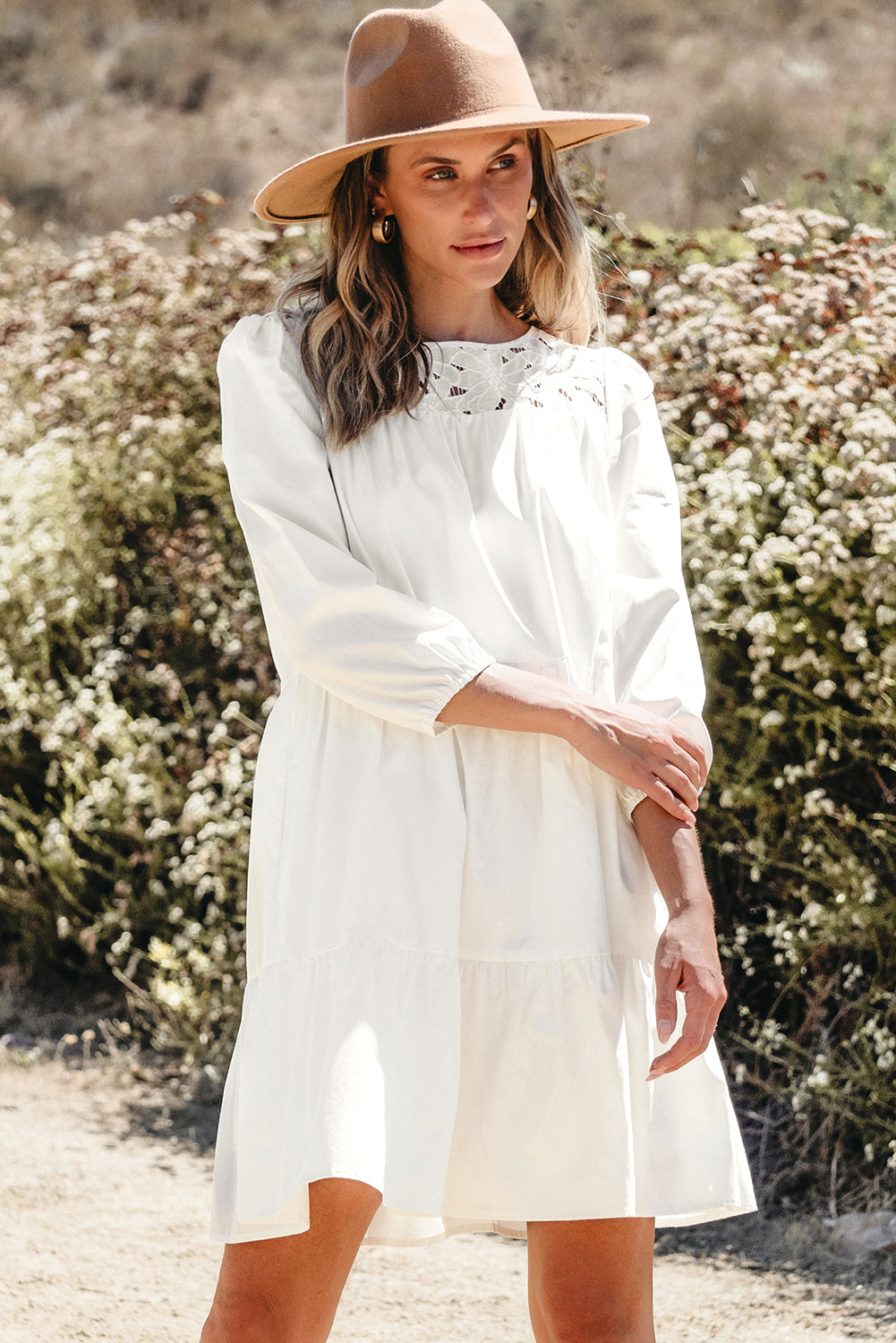 White floral lace ruffled bracelet sleeve mini dress
