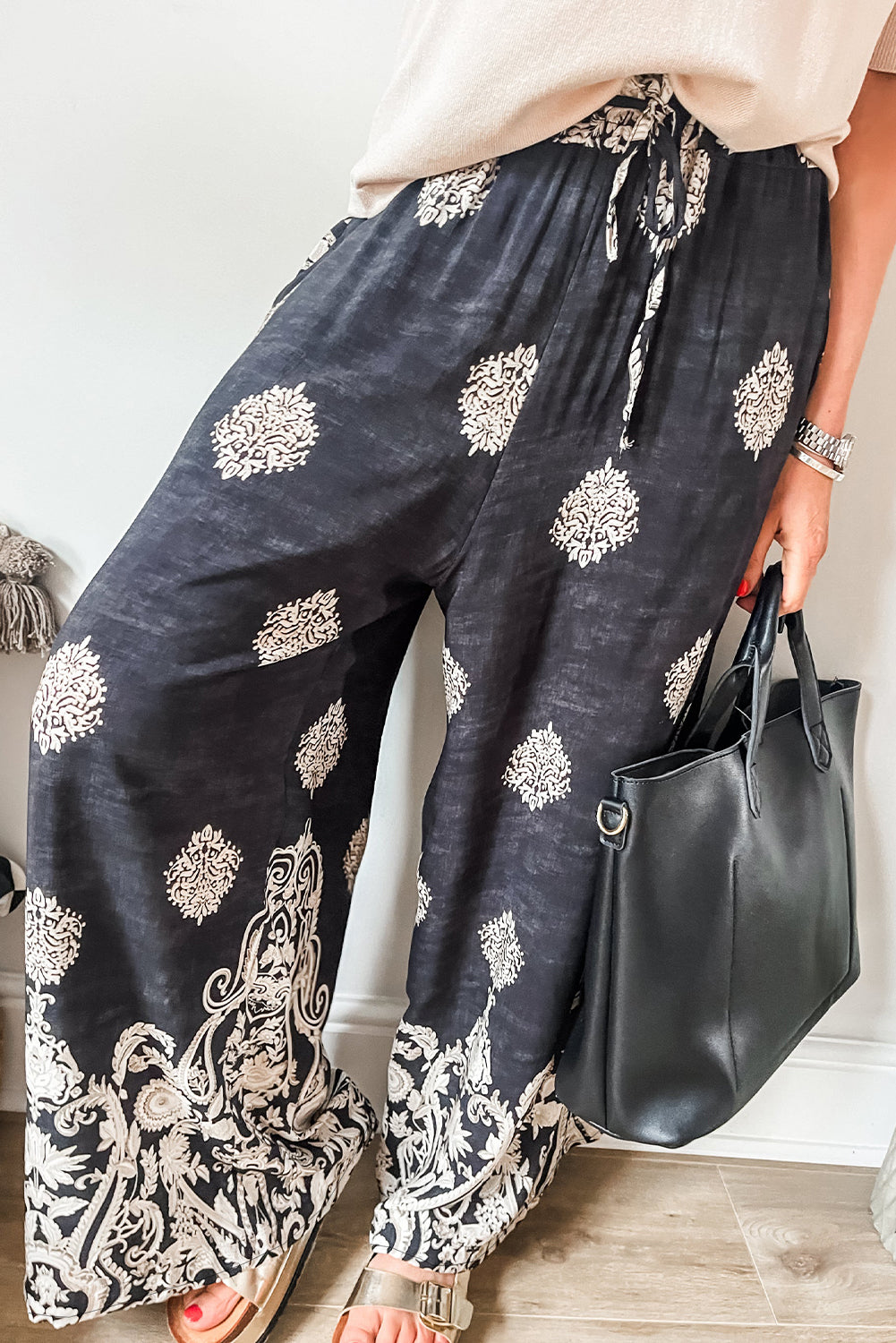 Black Bohemian Printed Drawstring Waist Wide Leg Pants