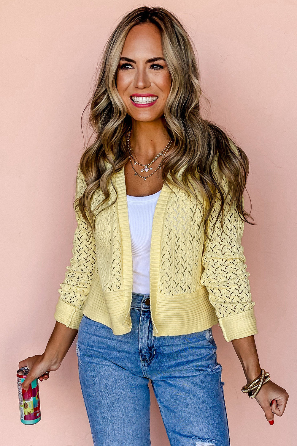 Cream yellow pointelle knit cropped cardigan open front