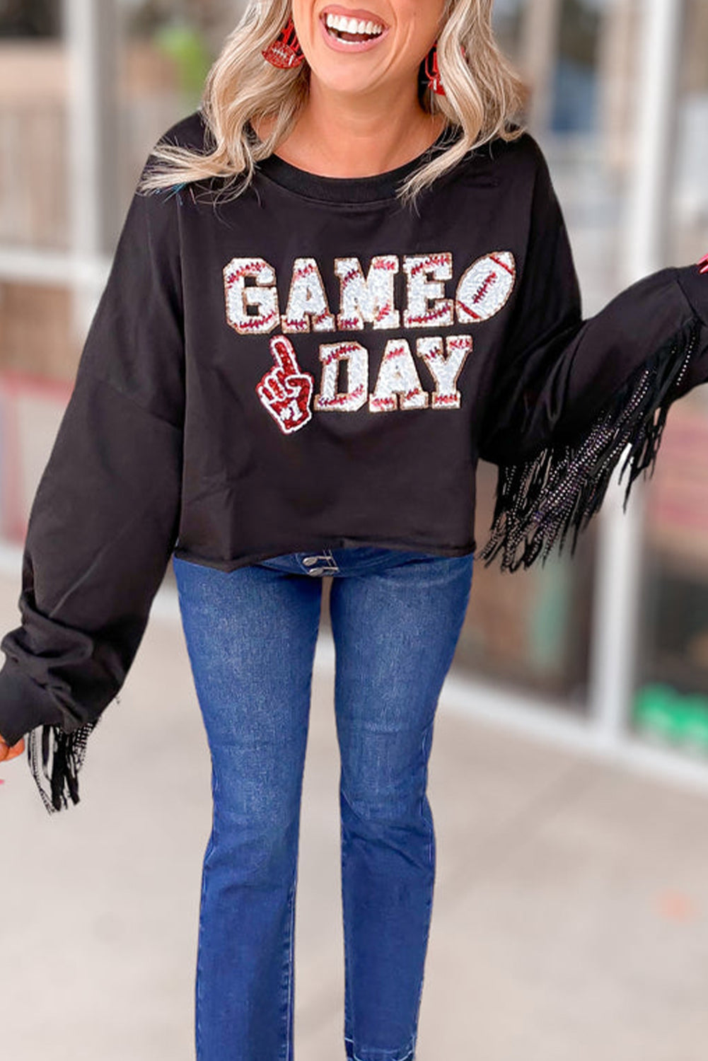 Sweat-shirt court noir à franges et sequins GAME DAY Rugby