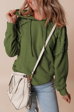 Vineyard Green Solid Color Rivets Raglan Sleeve Hoodie with Pocket