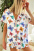 Short sleeve shirt set with multicolored butterfly pattern