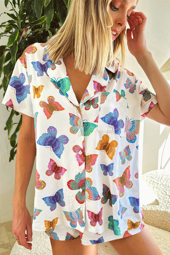 Short sleeve shirt set with multicolored butterfly pattern