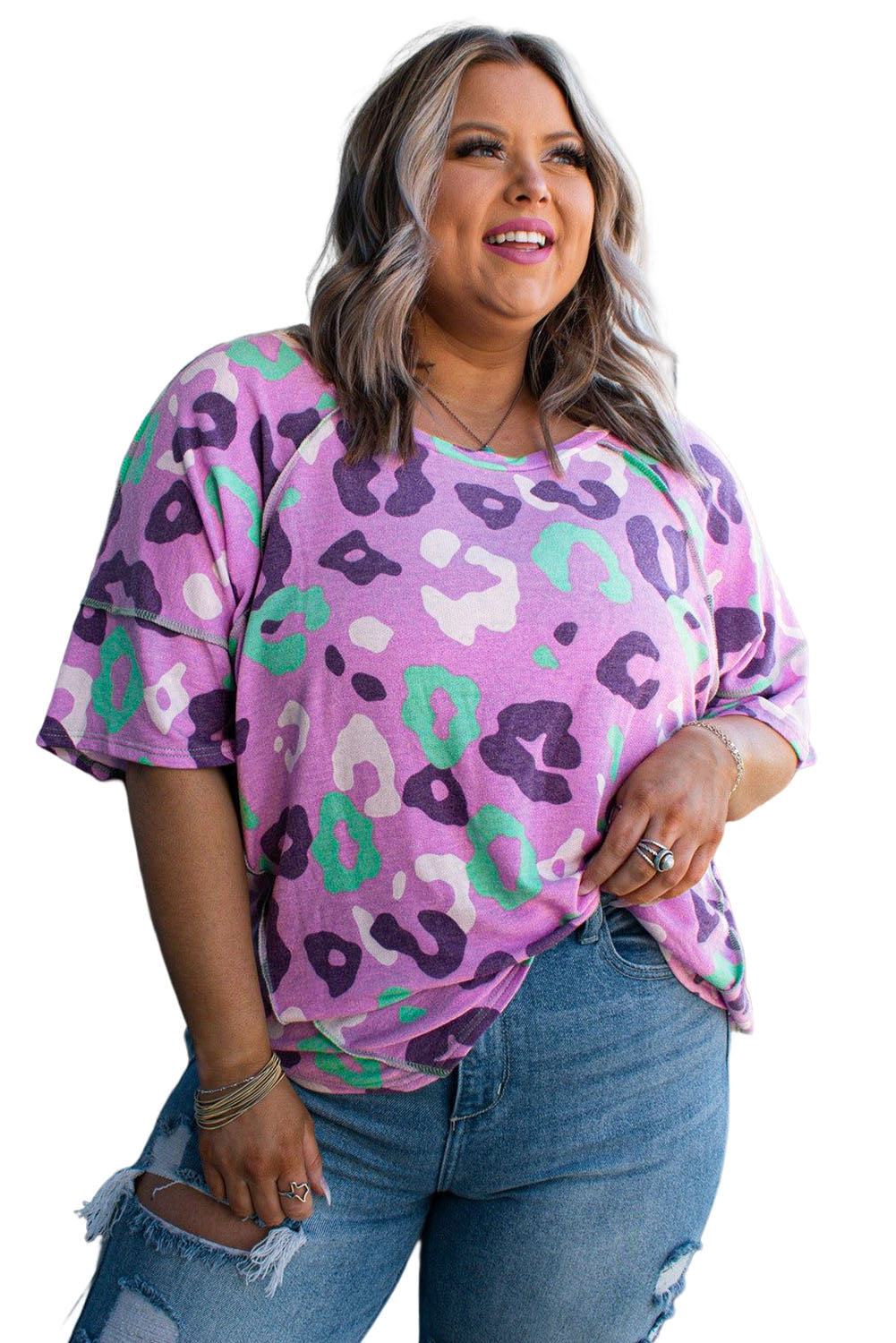 Purple Leopard Kiss Print Tun a manica corta Plus size