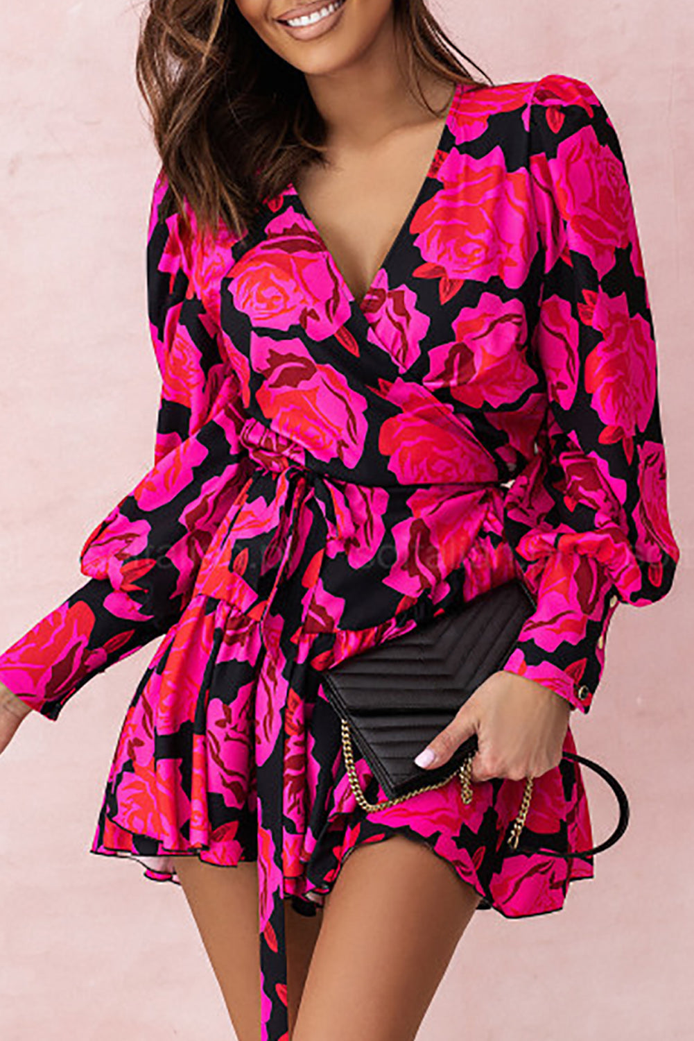 Pink Floral Print V-Neck Bishop Sleeve Ruffle Wrap Mini Dress