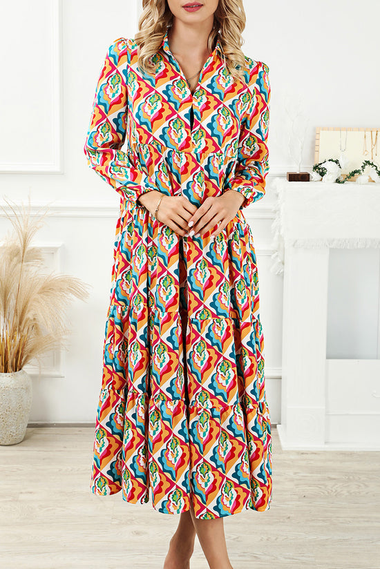 High waisted dress with long sleeves and multi-colored abstract geometric print